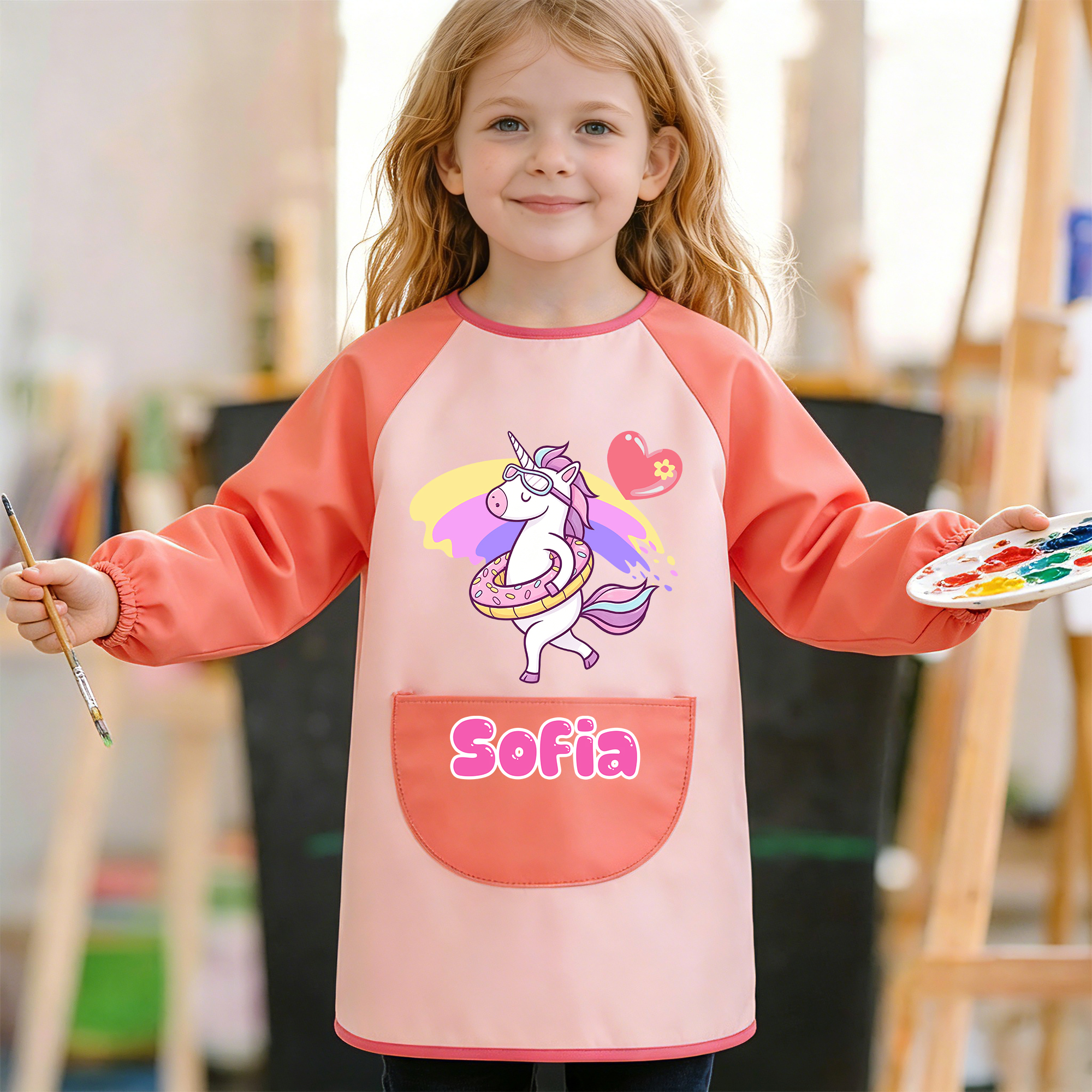 Personalisierte Langarm-Schürze mit Cartoon Fantasy-Einhorn, zum Malen und Backen, mit Namen und Vordertasche | Outdoor Geburtstag Geschenk für Kinder
