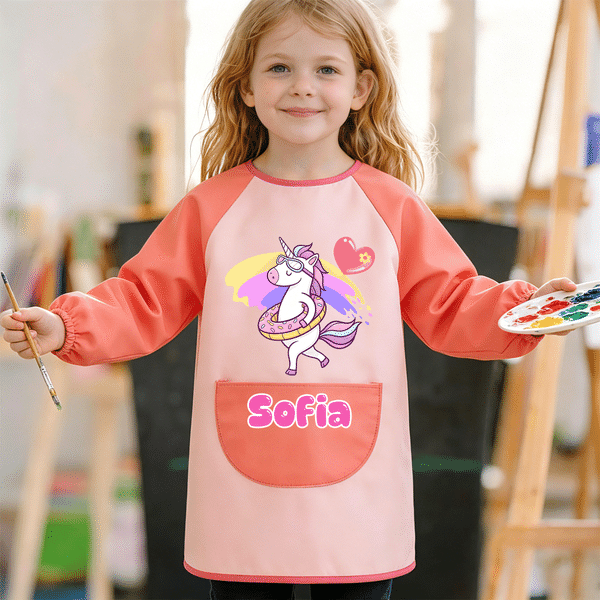 Personalised Cartoon Fantasy Unicorn Kid Painting Baking Long Sleeve Apron with Name and Front Pocket Outdoor Activities Birthday Gift for Kids