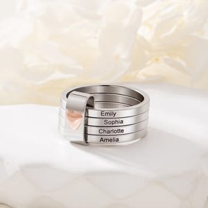 Personalized Sterling Silver Name Stacking Rings - Engraved 2-7 Bands with Heart Accent, Daily Wear Jewelry for Her