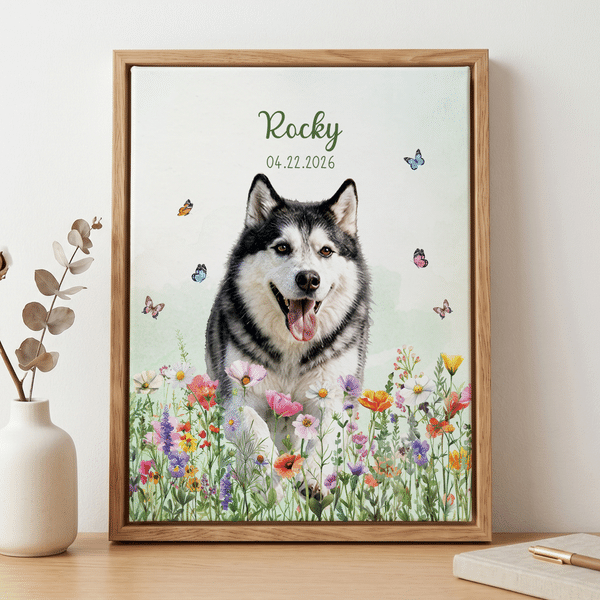 Personalized Watercolor Style Flowers Pet Photo Canvas Prints with Name Home Decor Ship from USA Pet Party Birthday Gift for Pet Owners