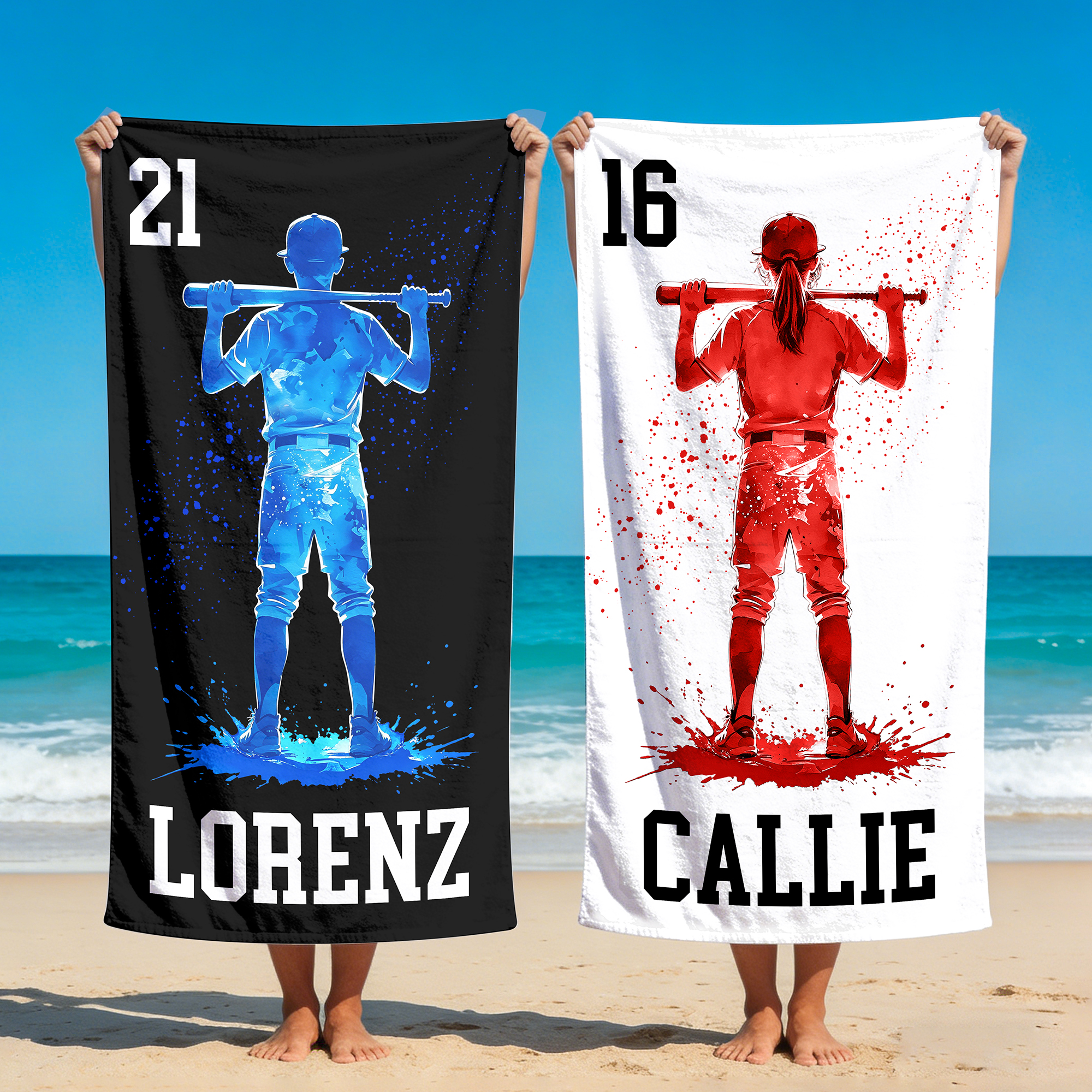 Personalisiertes, mehrfarbiges Strandtuch aus Mikrofaser mit Baseball-Silhouette und Namen – ein Geschenk für die Sommerferien oder zum Reisen für Teenager und Sportbegeisterte