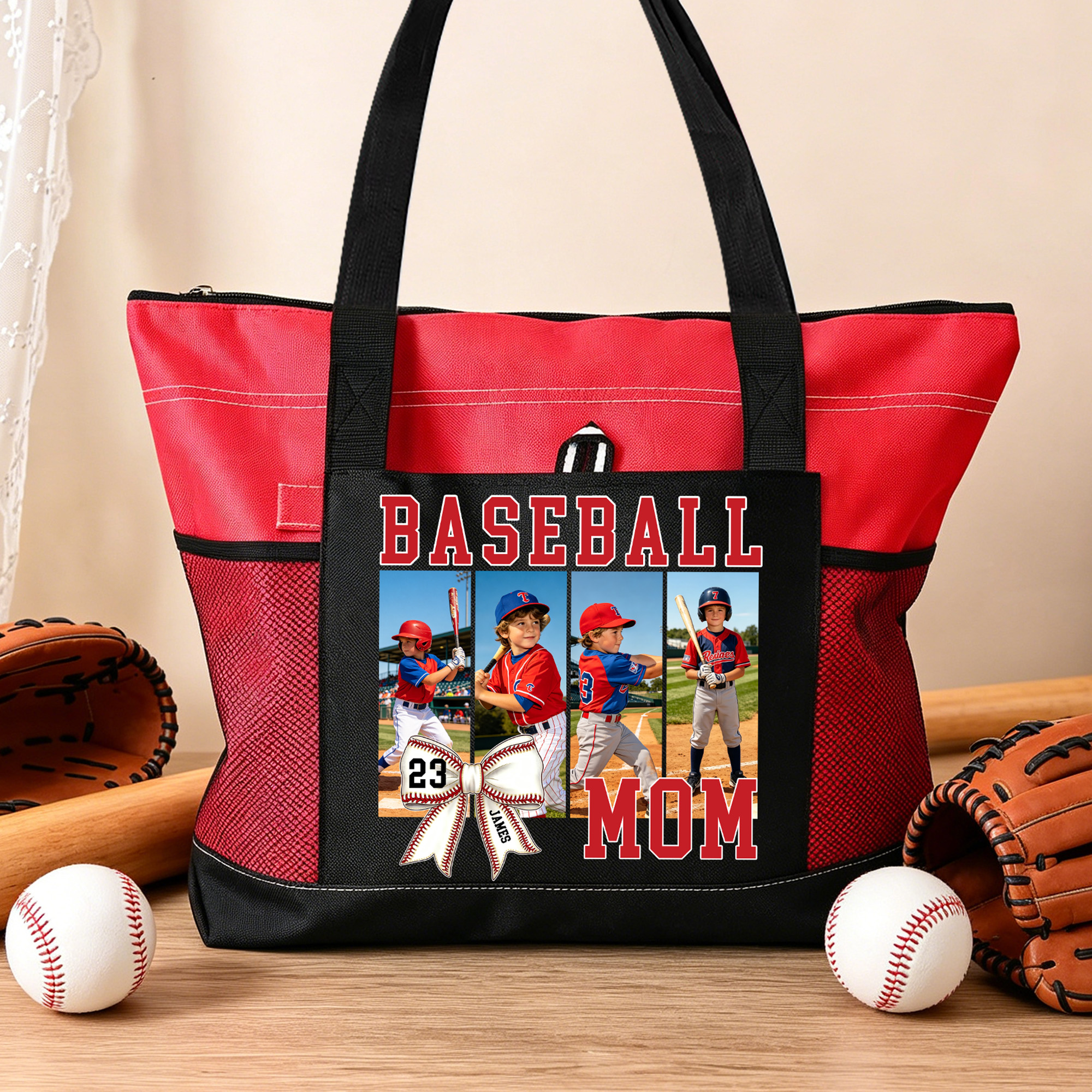 Personalisierte Baseball-Fotos mit Schleife – große Tragetasche mit Namen, Nummer, Titel und Netztaschen – für den täglichen Gebrauch, auf Reisen oder als Geburtstagsgeschenk für Frauen, die Baseball