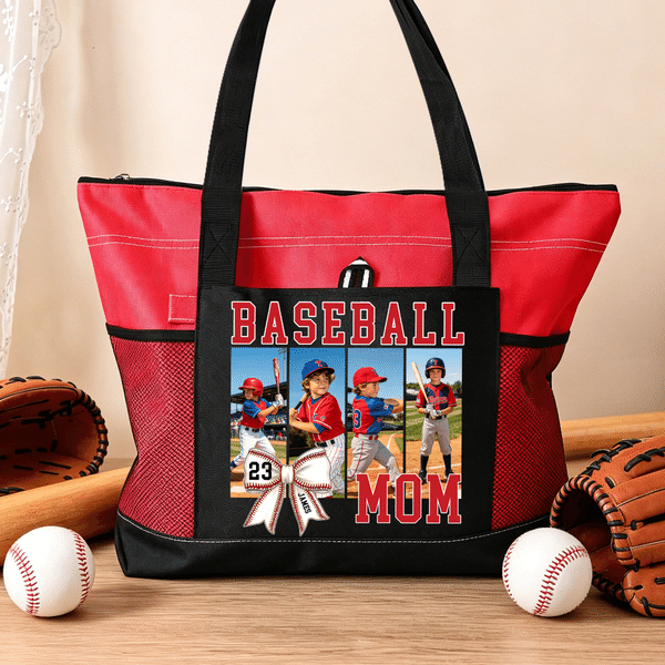 Personalized Bow Baseball Photos Large Tote Bag with Name Number Title and Mesh Pockets Daily Use Travel Birthday Gift for Women Baseball Lovers