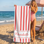 Personalised Multicolour Stripe Name Quick Dry Microfiber Beach Towel and Drawstring Bag Set Vacation Birthday Gift for Family Friends