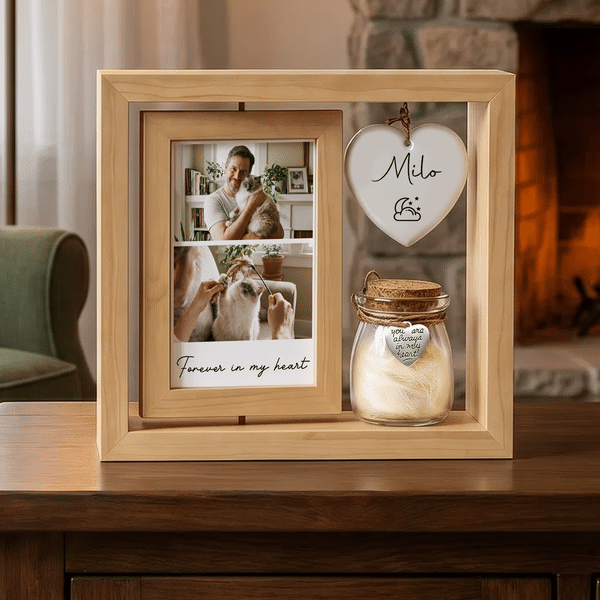 Cadre photo commémoratif personnalisé en bois pour animal de compagnie, avec pot à poils, nom et texte – Décoration d'intérieur – Cadeau de condoléances pour la perte d'un animal de compagnie, destiné