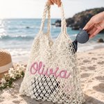 Personalised Crochet Cotton Rope Tote Bag with Name Reusable Beach Travel Accessory Daily Use Birthday Gift for Women Besties