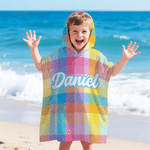 Personalised Multicolour Plaid Quick Drying Soft Hooded Beach Towel with Name Beach Party Summer Travel Birthday Gift for Kid