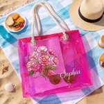 Personalised Birth Flower Holographic Clear Tote Bag with Name Daily Travel Use Beach Party Summer Vacation Gift for Girlfriend Woman
