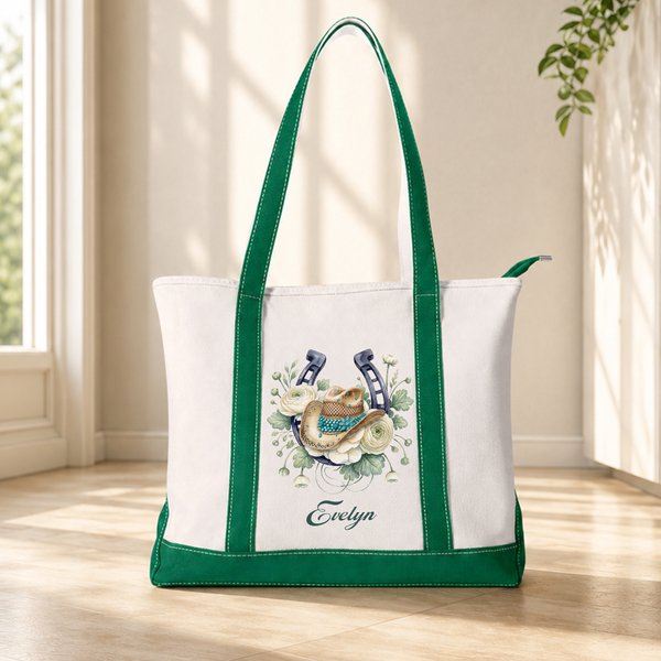 Personalised Cowgirl Hat Birth Flower Horseshoes Large Capacity Tote Bag with Name Daily Use Anniversary Birthday Gift for Her