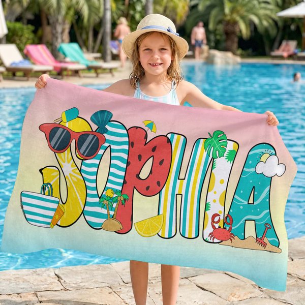 Personalized Colourful Doodle Letter Absorbent Beach Towel and Bag with Name Daily Use Summer Holiday Beach Party Gift for Women Girls