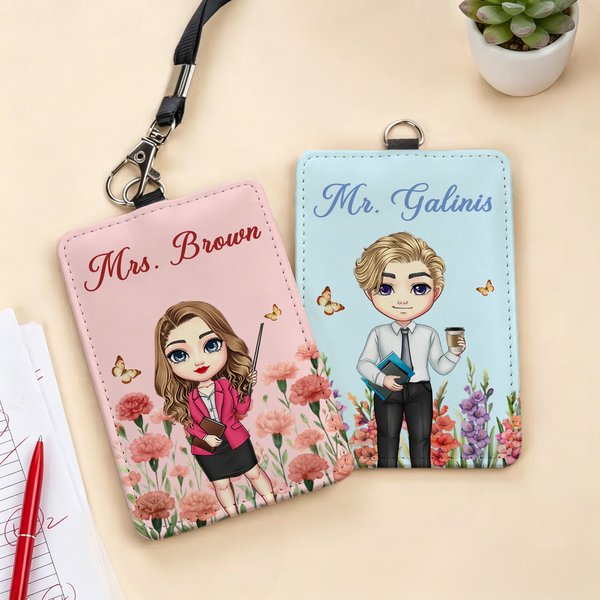 Personalised Birth Flower Cartoon Teacher ID Card Badge Holder with Title & Surname Back to School Teacher's Day Gift for Teachers Educators