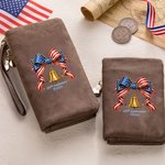 Personalized American Flag Bow Liberty Bell Tri-Fold PU Leather Wristlet Wallet with Card Holder and Name Independence Day Anniversary Gift for Women