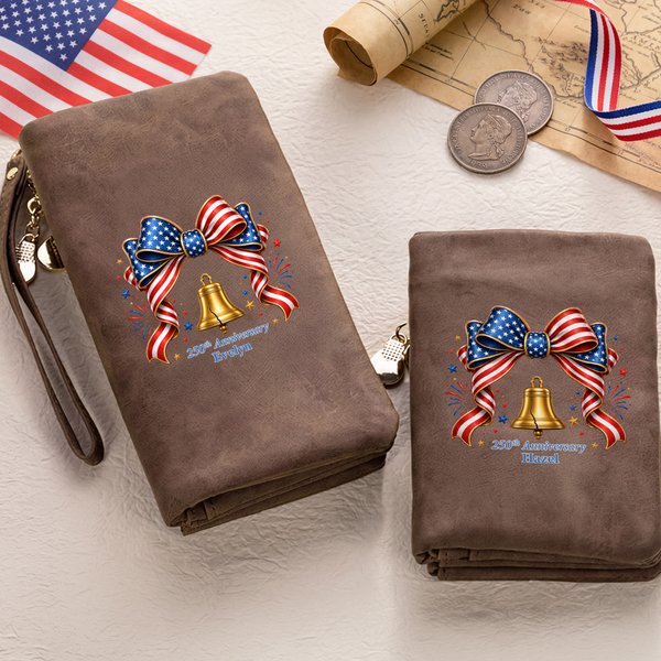 Personalized American Flag Bow Liberty Bell Tri-Fold PU Leather Wristlet Wallet with Card Holder and Name Independence Day Anniversary Gift for Women