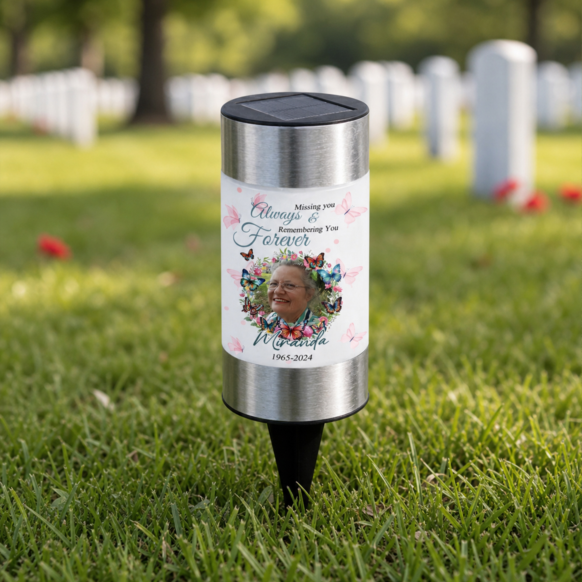 Personalisierte, wetterfeste „Always Forever“-Foto-Solar-LED-Leuchte mit Namen und Jahreszahl – Gartendekoration, Beileidsgeschenk zum Gedenken an einen geliebten Menschen