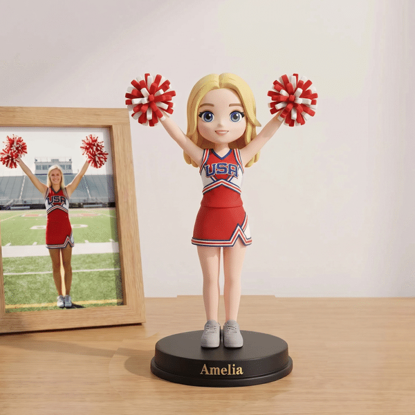 Henkilökohtainen, luova valokuvasta tehty 3D-cheerleader-tyttö-patsas-koriste, jossa teksti; toimistopöydän koriste; joukkuepäivän tai syntymäpäivän lahja cheerleadereille