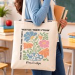 Personalised Vintage Style Flower Canvas Tote Bag with Text Teacher's Day Appreciation Week Gift for Teachers