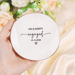 Personalized Engagement Ring Gold Rimmed Dish Jewelry Tray with Couple Names Date and Text Wedding Gift for Couple
