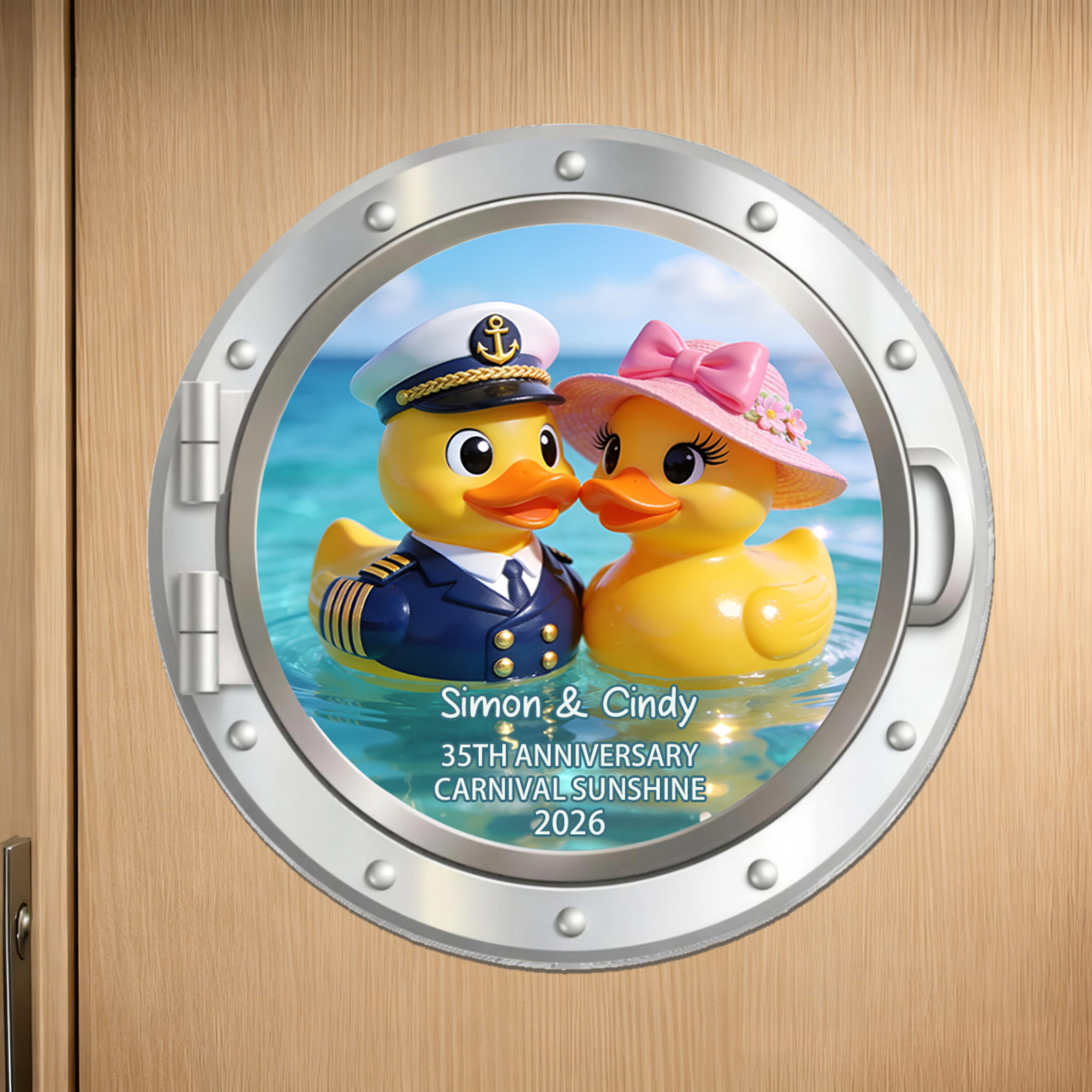 Personalisierter Kühlschrankmagnet mit Kreuzfahrtkapitän und Dame als Gummienten, mit Namensaufdruck und Jahresangabe – Geschenk für Paare zu Kreuzfahrt, Sommerurlaub oder Jubiläum