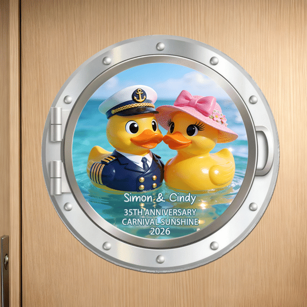 Personalized Cruise Ship Captain & Lady Rubber Ducky Fridge Magnet with Name Text and Year Cruise Vacation Summer Travel Anniversary Gift for Couple