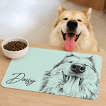Tapis d'alimentation imperméable pour animaux de compagnie, personnalisé avec une photo de votre animal dessinée à la main dans un style croquis, avec son nom. Décoration d'intérieur, accessoires pour