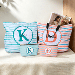 Personalized Colour Stripes Makeup Bag Tote Bag Set with Initial and Name Daily Use Travel Birthday Gift for Woman Bridesmaid
