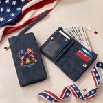Personalized American Flag Bow Liberty Bell Tri-Fold PU Leather Wristlet Wallet with Card Holder and Name Independence Day Anniversary Gift for Women