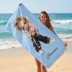 Personalised Y2K Fashion Cartoon Girl Quick Dry Striped Beach Towel with Name Travel Essential Summer Vacation Birthday Gift for Her