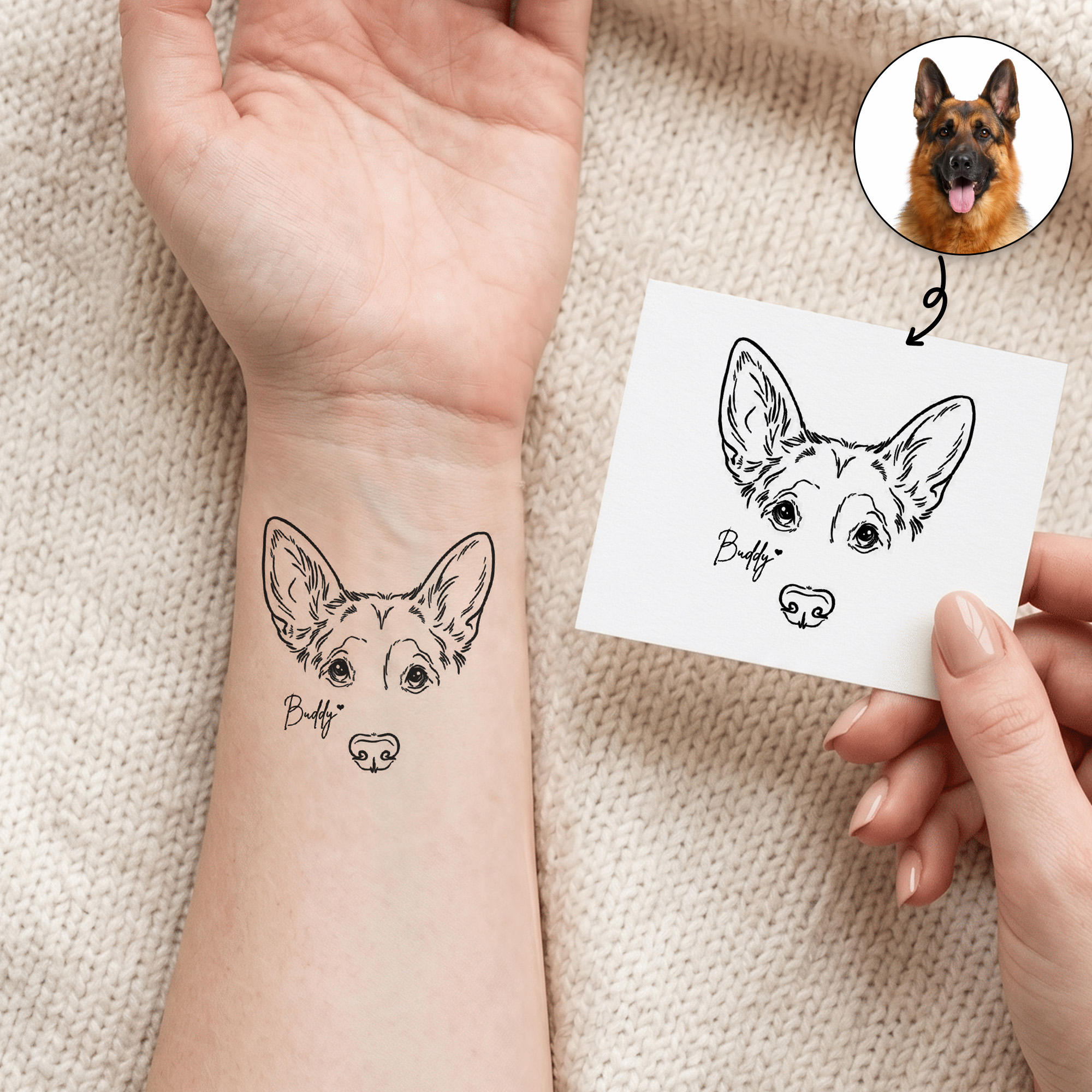 Individuell gestaltete Tattoo-Aufkleber mit Strichzeichnungen von Haustierfotos und Namen – Party- und Geburtstagsgeschenk für Tierliebhaber