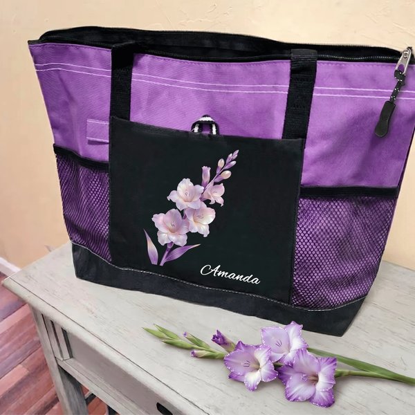Personlig Dreamy Birth Flower Stor kapacitet Tote Bag med namn och nätfickor Födelsedag Jubileum Present till kvinnor