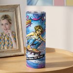 Personalized Comic Skateboarder Photo 20 oz Skinny Tumbler with Name Straw and Cleaning Brush Daily Use Birthday Gift for Kids Skateboard Lovers