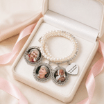 Personalised 3 Photos Pearl Bouquet Charm with Text and Heart Pendant Wedding Party Anniversary Memorial Gift for Women Brides