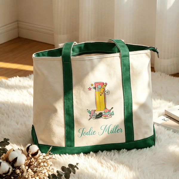 Personalized Pencil Initial Large Canvas Tote Bag with Name Daily Use Teachers' Day Birthday Gift for Teachers