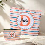 Personalized Colour Stripes Makeup Bag Tote Bag Set with Initial and Name Daily Use Travel Birthday Gift for Woman Bridesmaid