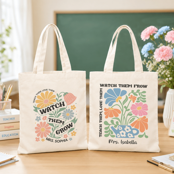 Personalised Vintage Style Flower Canvas Tote Bag with Text Teacher's Day Appreciation Week Gift for Teachers