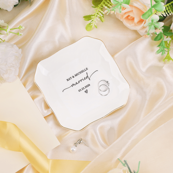 Personalized Engagement Ring Gold Rimmed Dish Jewelry Tray with Couple Names Date and Text Wedding Gift for Couple