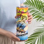 Personalized Comic Skateboarder Photo 20 oz Skinny Tumbler with Name Straw and Cleaning Brush Daily Use Birthday Gift for Kids Skateboard Lovers