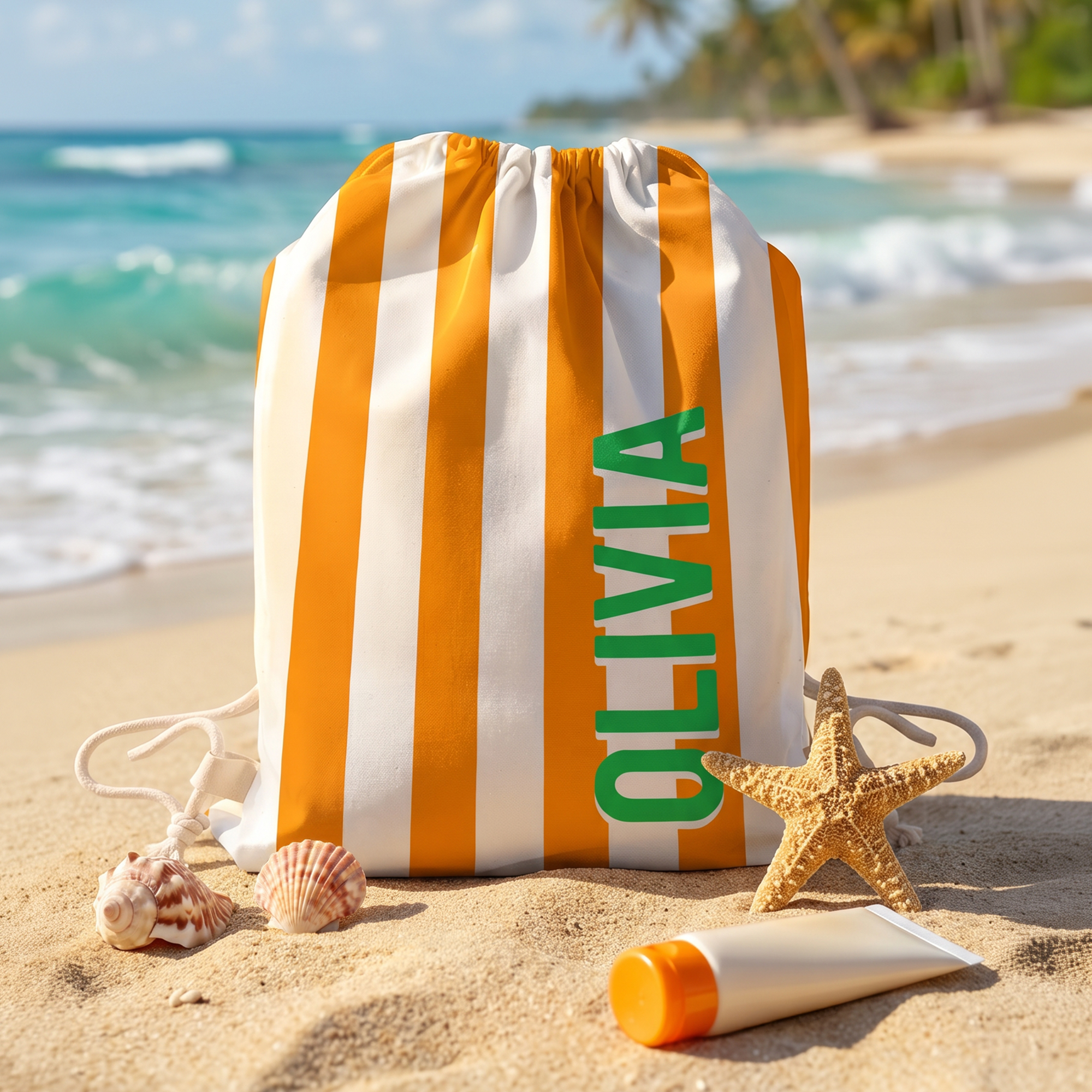 Individuell gestalteter, mehrfarbiger Streifen-Kordelzugbeutel mit Namen – ideal für Reisen, Strand, Geburtstage, Sommerferien – Geschenk für Kinder und die ganze Familie