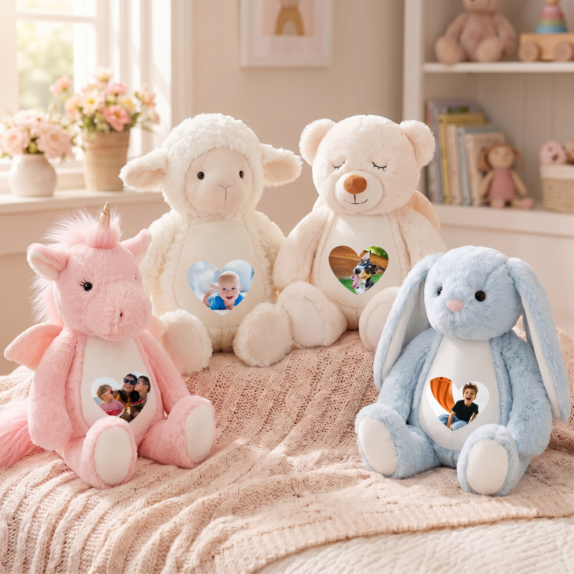 Individuell gestaltetes, niedliches Plüschtier in Form eines Cartoon-Hasenbären mit Herz und Foto – ein Geburtstagsgeschenk für den täglichen Gebrauch für Paare und Kinder