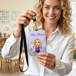 Personalised Birth Flower Cartoon Teacher ID Card Badge Holder with Title & Surname Back to School Teacher's Day Gift for Teachers Educators