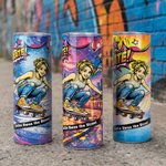 Personalized Comic Skateboarder Photo 20 oz Skinny Tumbler with Name Straw and Cleaning Brush Daily Use Birthday Gift for Kids Skateboard Lovers