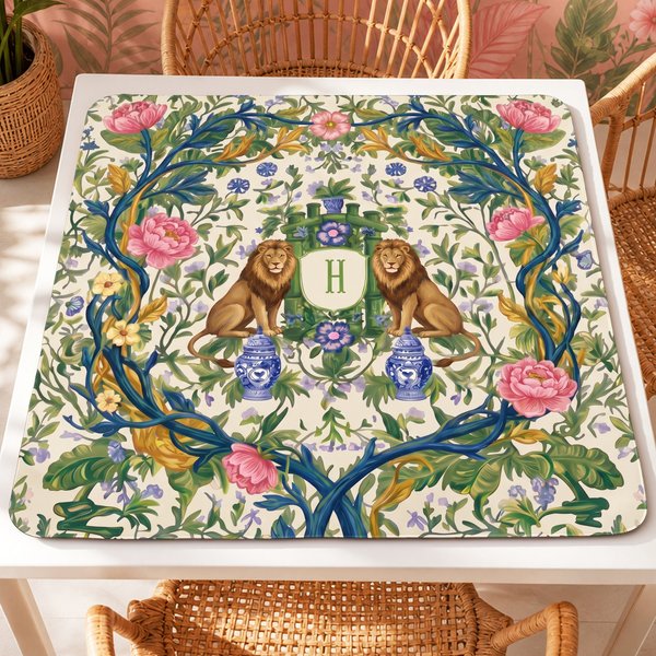 Tapis de mah-jong antidérapant personnalisé, motif « chinoiserie » avec lion, fleurs, feuilles et monogramme, livré avec un sac de rangement – Idéal pour une soirée jeux ou comme cadeau d'anniversaire