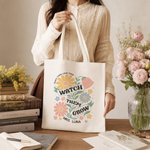 Personalised Vintage Style Flower Canvas Tote Bag with Text Teacher's Day Appreciation Week Gift for Teachers