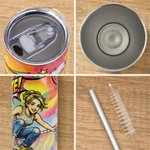 Personalized Comic Skateboarder Photo 20 oz Skinny Tumbler with Name Straw and Cleaning Brush Daily Use Birthday Gift for Kids Skateboard Lovers