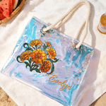 Personalised Birth Flower Holographic Clear Tote Bag with Name Daily Travel Use Beach Party Summer Vacation Gift for Girlfriend Woman