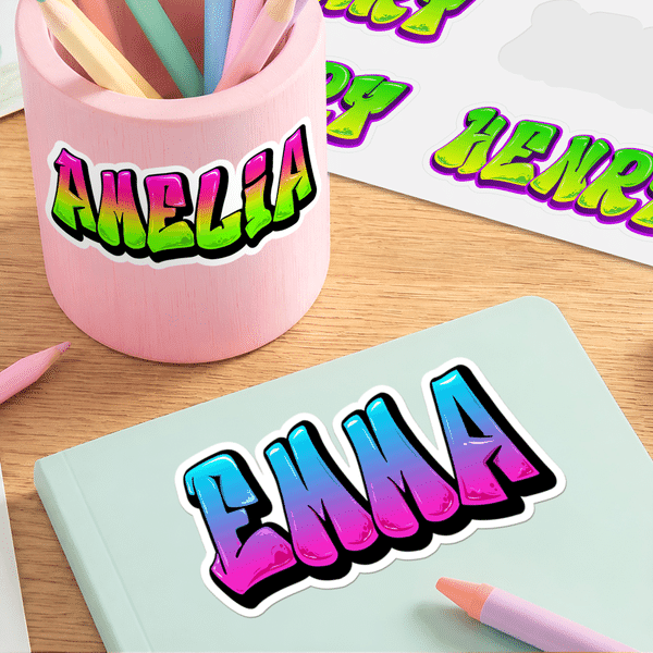 Personalised Colourful Graffiti Waterproof Durable Stickers with Name Back to School Birthday Gift for Boy Girl Student