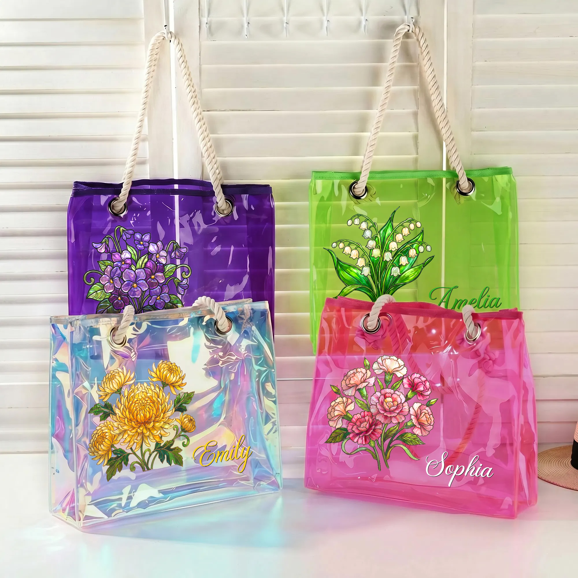 Personalisierte, holografische, transparente Tragetasche mit Geburtsblume und Namen – für den täglichen Gebrauch, Strandpartys und Sommerurlaub – Geschenk für Freundin oder Frau