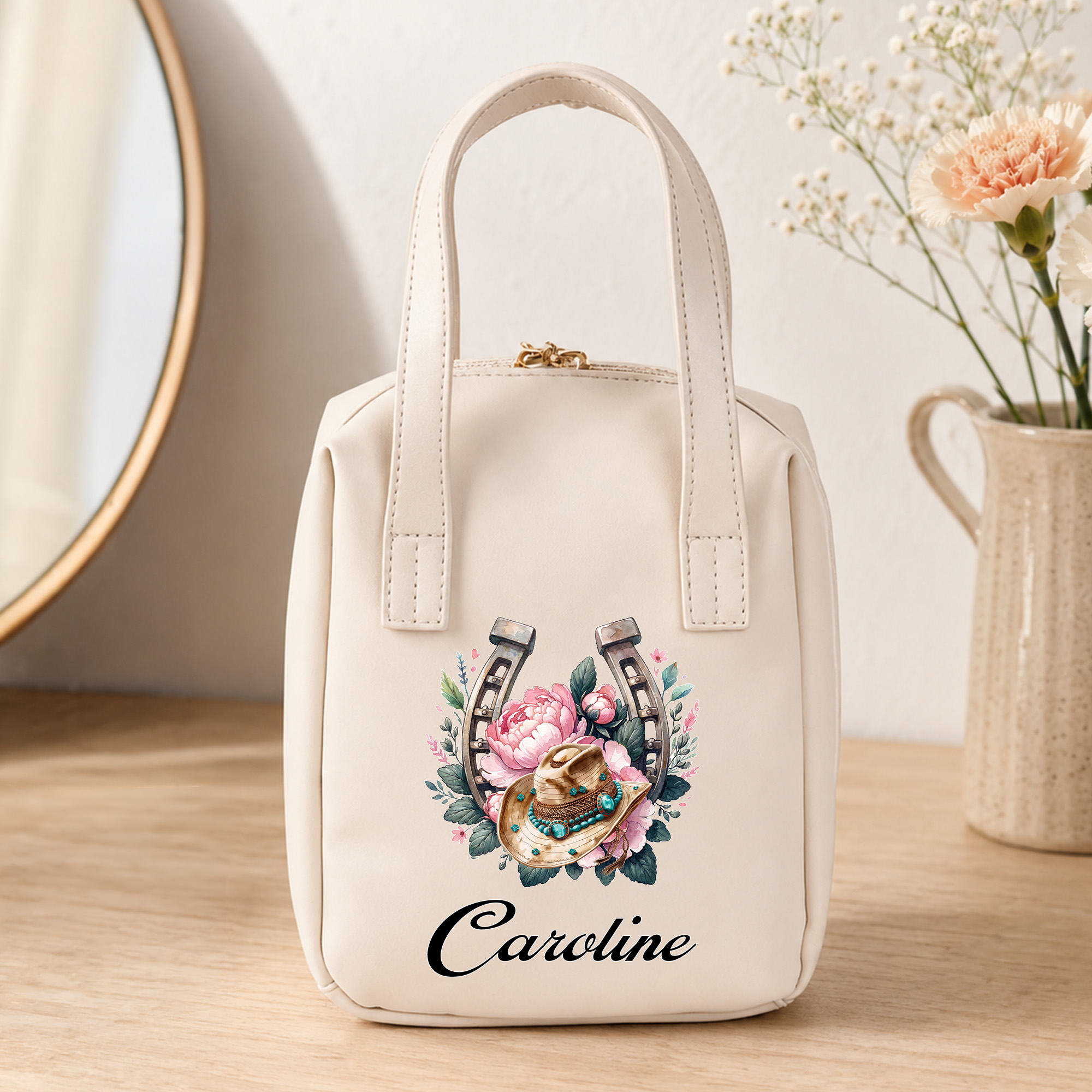 Personalisierte Handtasche aus PU-Leder im Cowboy-Stil mit Cowboyhut, Geburtsblume und Hufeisen-Motiv – Make-up-Tasche mit Namenszug als Geburtstagsgeschenk für Frauen und Cowgirls