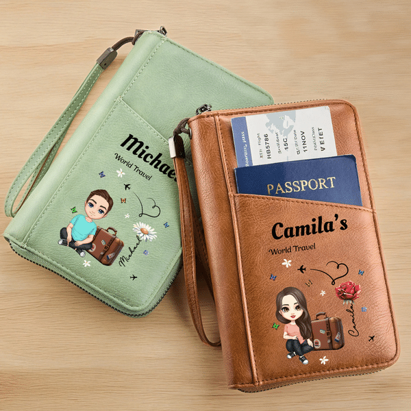 Personalized Birth Flower Cartoon Character PU Leather Passport Holder Wallet with Name Business Travel Essential Birthday Gift for Family Friend