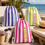 Personalised Multicolour Stripes Drawstring Bag with Name Travel Beach Use Birthday Summer Holiday Gift for Kids Family
