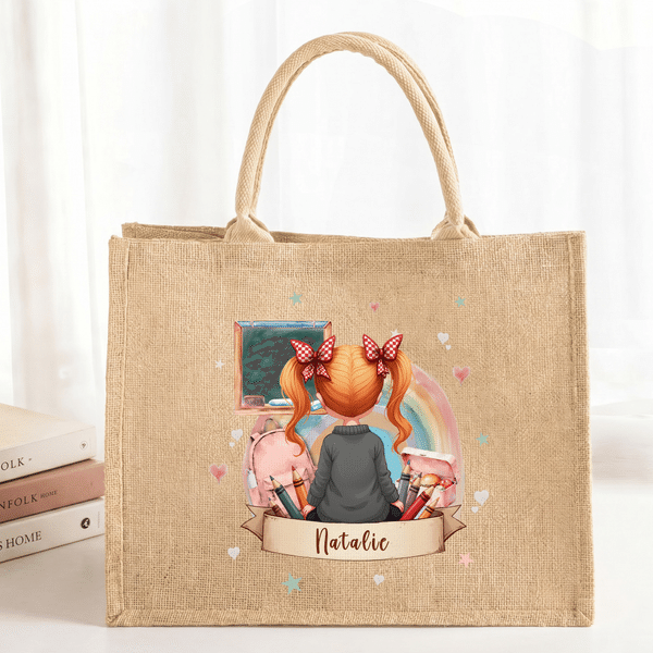 Personalized Rainbow Blackboard Cartoon Character Back View Jute Tote Bag with Name Daily Use Back to School Gift for Girls Boys